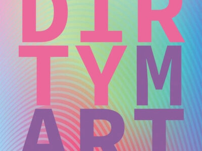 Section of a multi coloured book cover (think slightly psychedelic swirly greens pinks and purples). Part of the words "Dirty Martini" can be seen in block capitals.