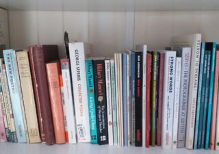 Poetry books on a bookshelf, at least forty of them. I am not going to list them all here, but many appear in the article.