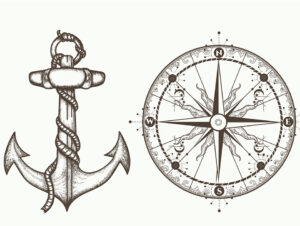 A line drawing showing an anchor and a compass on a cream background.