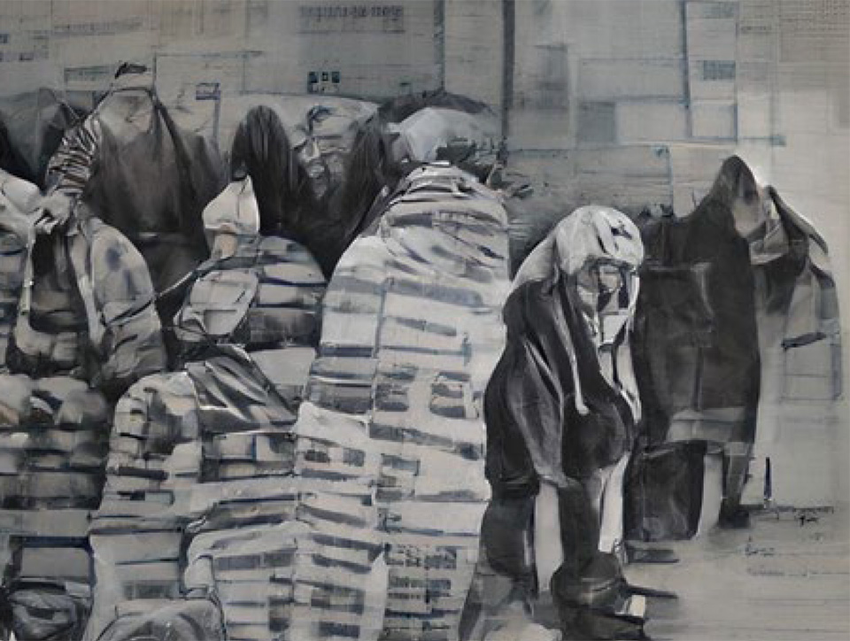 Black and white image showing what looks like abstracted, shrouded figures.