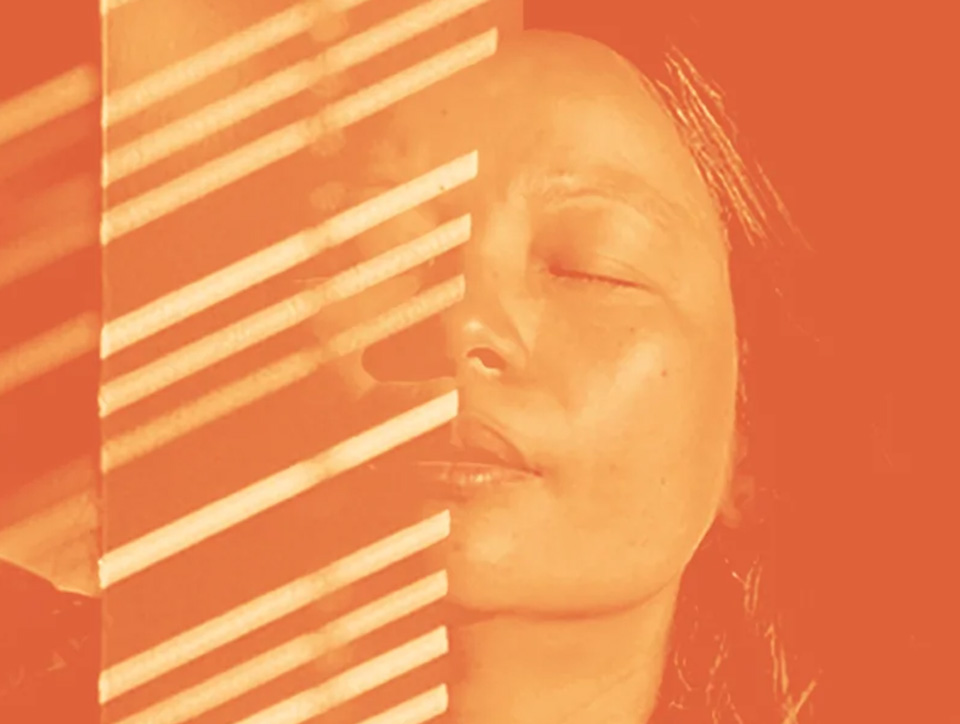 Mostly orange and orange tinted cover showing what looks like a woman's face half hidden by something that appears to be a vertical semi transparent column with thin diagonal white stripes on it.