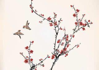 Delicate watercolour showing thin branches with red flowers and two small birds flying nearby.