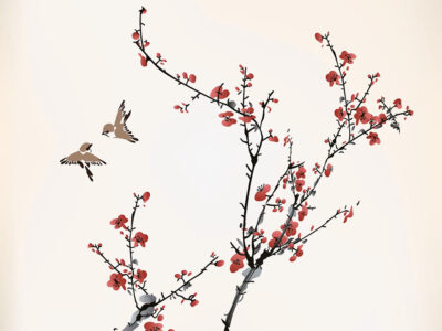 Delicate watercolour showing thin branches with red flowers and two small birds flying nearby.
