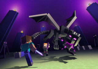 A still from the 2D block game Minecraft. A small figure with a sword is running towards a large dragon ... One way or another it's going to be carnage.