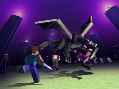 A still from the 2D block game Minecraft. A small figure with a sword is running towards a large dragon ... One way or another it's going to be carnage.