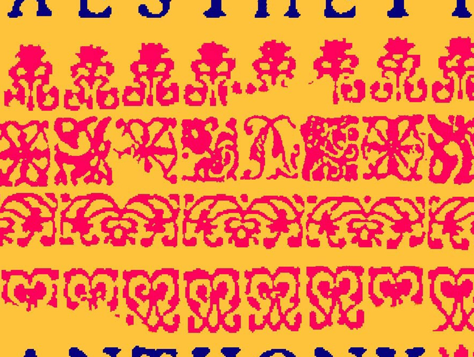 Section of the book cover. What looks like rows of small squareish woodblock shapes in pinky red on a yellow background.
