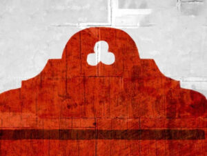 Part of a graphic showing the top of a wooden noticeboard such as one would seen a church. The top has a small flower cutout.