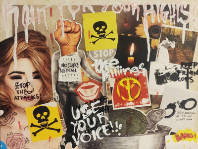 A collage showing many images — a clenched fist, a skull and crossbones, a pair of handcuffs, a tortoise? and others, you get the idea. There is also scrawled text, such as 'Use your voice' and 'Stop the attacks'