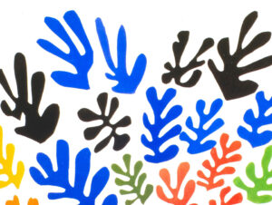 Graphic with a white background showing various leaf like shapes, predominantly blue and black with the occasional green and orange . They could be seaweed. Who knows.