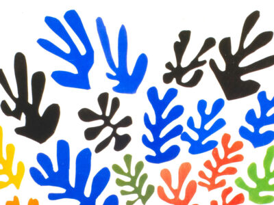 Graphic with a white background showing various leaf like shapes, predominantly blue and black with the occasional green and orange . They could be seaweed. Who knows.