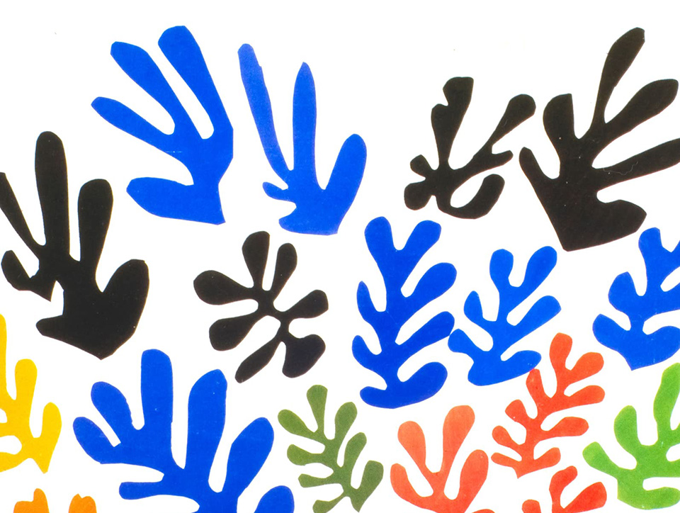 Graphic with a white background showing various leaf like shapes, predominantly blue and black with the occasional green and orange . They could be seaweed. Who knows.
