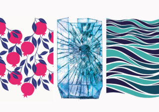 Three cover images. The first shows some red fruits on branches, the second shows a prism or beaker with blue shapes inside and the third is a turquoise and blue wavy pattern.