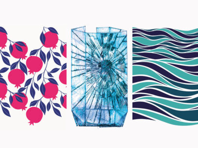 Three cover images. The first shows some red fruits on branches, the second shows a prism or beaker with blue shapes inside and the third is a turquoise and blue wavy pattern.