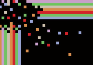 Pixelated image with a black background and a thick rainbow border on the left hand side and top. Small square blocks of colour seem to explode into the centre from the top left hand corner.