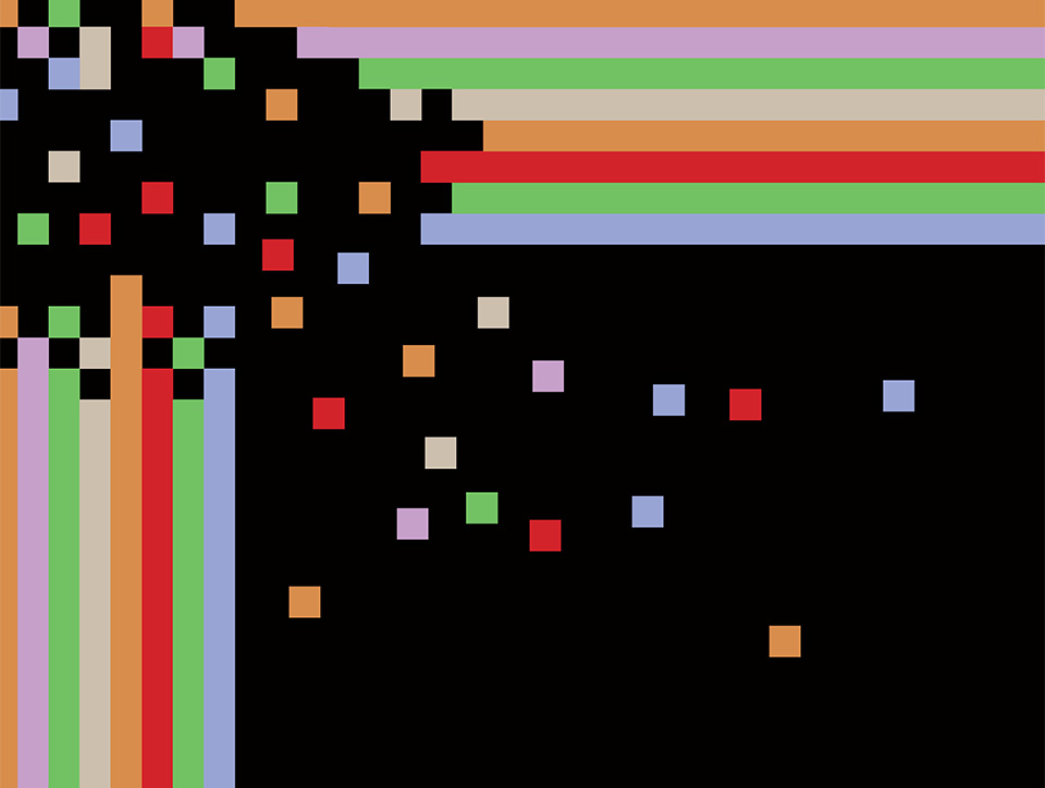 Pixelated image with a black background and a thick rainbow border on the left hand side and top. Small square blocks of colour seem to explode into the centre from the top left hand corner.