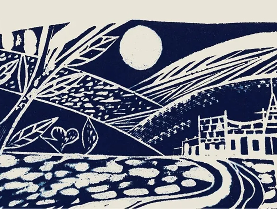 Woodcuts seem to be very popular as illustrations for poetry book covers. This looks like it is indeed a woodcut (or a clever imposter).Predominantly blue it shows a night scene with a moon and a path leading to a house in the hills.