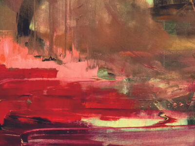 Section of book cover. Here we have another in our endless series of abstract art poetry book covers. This is probably from a painting. splashes of bright colours and faded splurges in muted shades blend together as a background whilst bold horizontal slashes of red paint dominate the foreground.