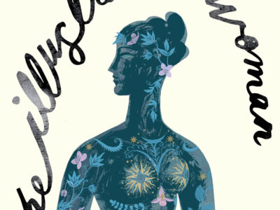 illustration showing a woman with blue skin covered in images, light blue leaves intertwine with pink flowers, a yellow sun on each breast.