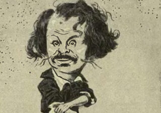 Caricature of Baudelaire. Drawn in 1911, it shows him with wavy black hair, trademark piercing eyes and a moustache.