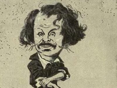 Caricature of Baudelaire. Drawn in 1911, it shows him with wavy black hair, trademark piercing eyes and a moustache.