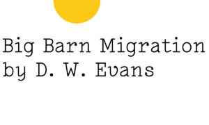 Black text on white reads: ‘Big Barn Migration by D. W. Evans' with half a small yellow Friday Poem blob visible disappearing off the top edge.