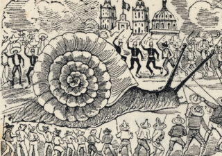 Print (an old one by the, look of it) showing a large (for 'large' read enormous) snail with much smaller people wearing hats trying to subdue it with ropes. Some policemen wave sticks and seem to be engaged in a dance ... but maybe it's more sinister! Who knows?