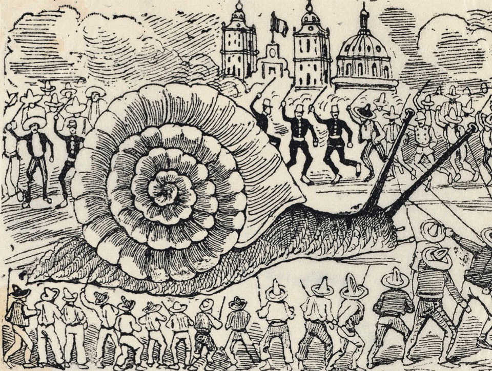 Print (an old one by the, look of it) showing a large (for 'large' read enormous) snail with much smaller people wearing hats trying to subdue it with ropes. Some policemen wave sticks and seem to be engaged in a dance ... but maybe it's more sinister! Who knows?