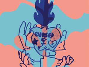 The background is waves of pink and light blue. On top is a line drawing showing hands holding a heart shape with the word 'cursed' on it.