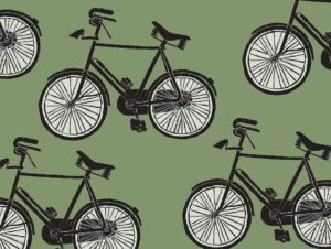 Graphic with a green background showing a repeating motif of drawn black and white bicycles. It would make excellent wallpaper for a keen cyclist.