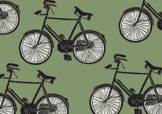 Graphic with a green background showing a repeating motif of drawn black and white bicycles. It would make excellent wallpaper for a keen cyclist.