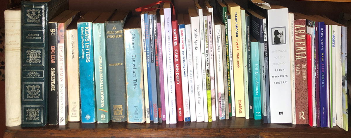 A close up of a poets bookshelf