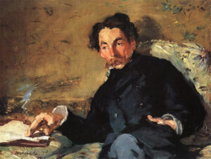 An oil painting (done by some geezer called Manet) of Mallarmé. He has curly hair and a fine moustache of the handlebar persuasion. He is reading and smoking a big old cigar.