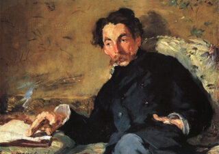 An oil painting (done by some geezer called Manet) of Mallarmé. He has curly hair and a fine moustache of the handlebar persuasion. He is reading and smoking a big old cigar.
