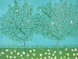 Watercolour showing green grass, white flowers and two leafy trees with a light blue sky.