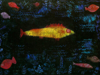 Image showing the painting 'The Goldfish' by Paul Klee. It shows, unsurprisingly, a goldfish on a textured blue background; there are other small fish artfully arranged (well it is your actual Paul Klee innit) in the corners.