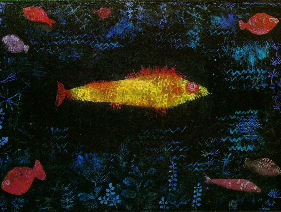 Image showing the painting 'The Goldfish' by Paul Klee. It shows, unsurprisingly, a goldfish on a textured blue background; there are other small fish artfully arranged (well it is your actual Paul Klee innit) in the corners.