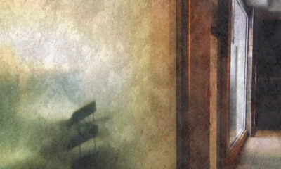 Part of a painting showing the inside of a house and a long corridor. The lighting suggests it could be evening.