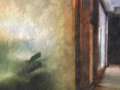 Part of a painting showing the inside of a house and a long corridor. The lighting suggests it could be evening.