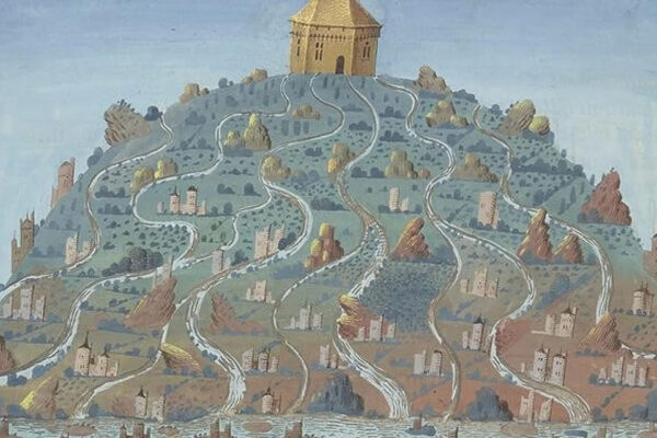 Whimsical illustration showing a hill with roads twisting between rocks and a castle atop.