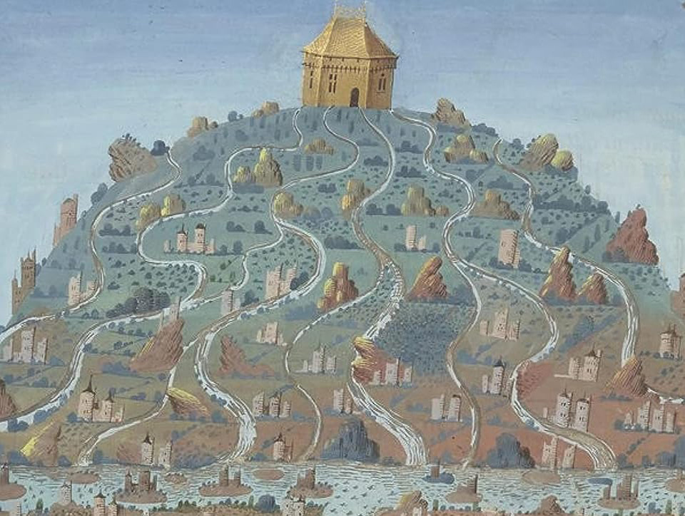 Whimsical illustration showing a hill with roads twisting between rocks and a castle atop.