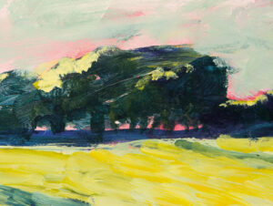 Painting in bright colours showing a copse of trees.
