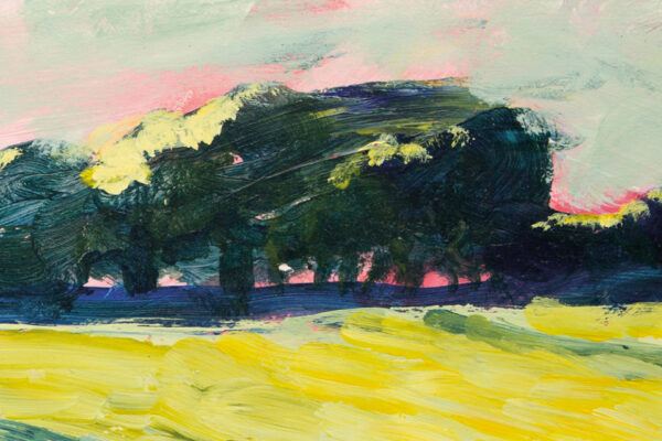 Painting in bright colours showing a copse of trees.