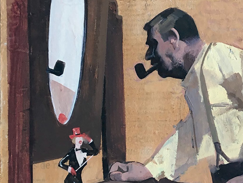 Painting of a man with a pipe looking into an oval mirror.