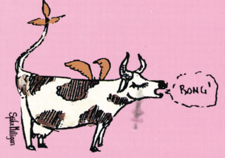 Drawing of a cow with wings on a pink background. It is saying 'Bong' and it's by Spike Milligan.