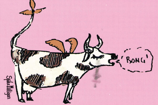 Drawing of a cow with wings on a pink background. It is saying 'Bong' and it's by Spike Milligan.