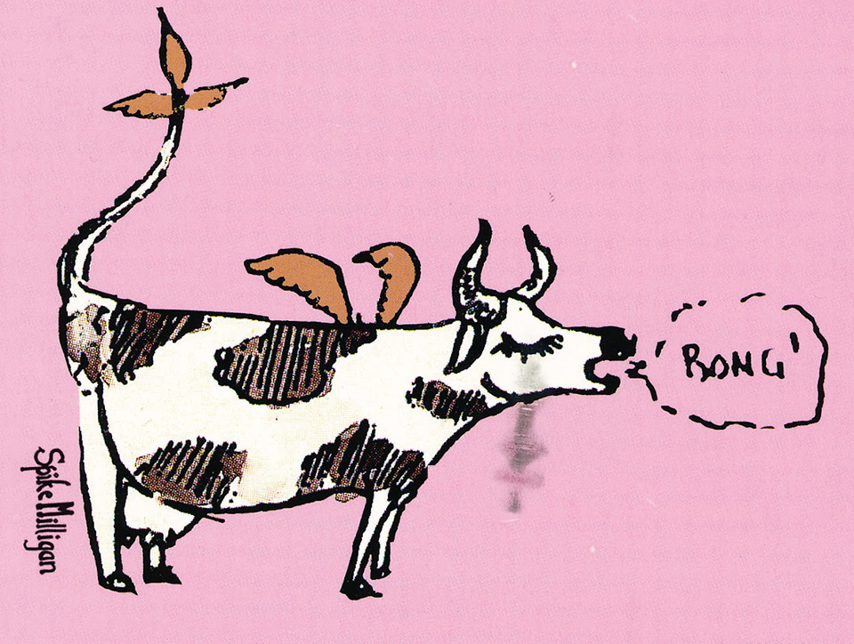Drawing of a cow with wings on a pink background. It is saying 'Bong' and it's by Spike Milligan.