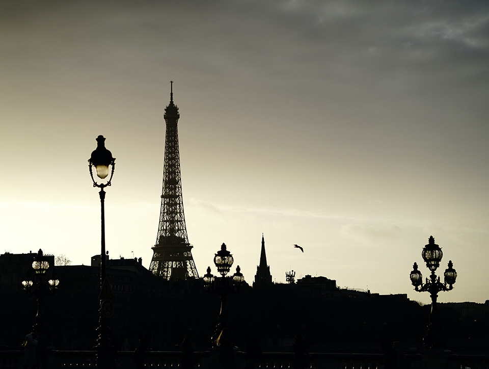 Paris at night in silhouette.
