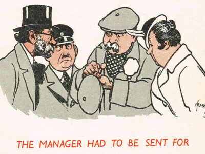 Image from a book illustrating the dialect poem 'The Lion and Albert' showing four people in Edwardian dress discussing something. The picture is titled 'The manager had to be sent for.'