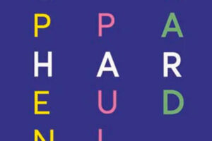 Section from a book cover. The background is purple and some block capital letters in pink , yellow, green and white are arranged in a uniform block pattern.