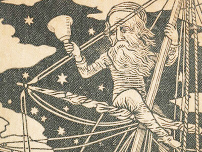 Part of the cover of the first edition of 'The Hunting of the Snark'. It shows a bearded fellow sitting halfway up a mast ringing a bell. It's a bit windy.